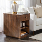 HULALA HOME Mid-Century Modern End Table with Drawer and Open Shelves, Solid Paulownia Wood Side Table, Brass Knob, No Assembly Required(Walnut)