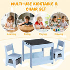Children's Table with 2 Chairs Wood 3-Piece Furniture Set | Children's furniture set with shelf storage space and 4-in-1 painting table for children from 3 years