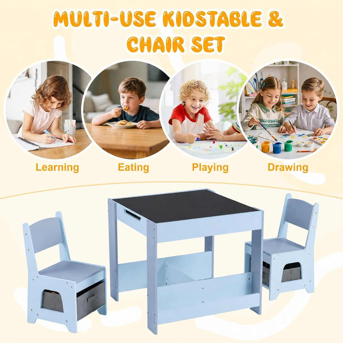 Children's Table with 2 Chairs Wood 3-Piece Furniture Set | Children's furniture set with shelf storage space and 4-in-1 painting table for children from 3 years