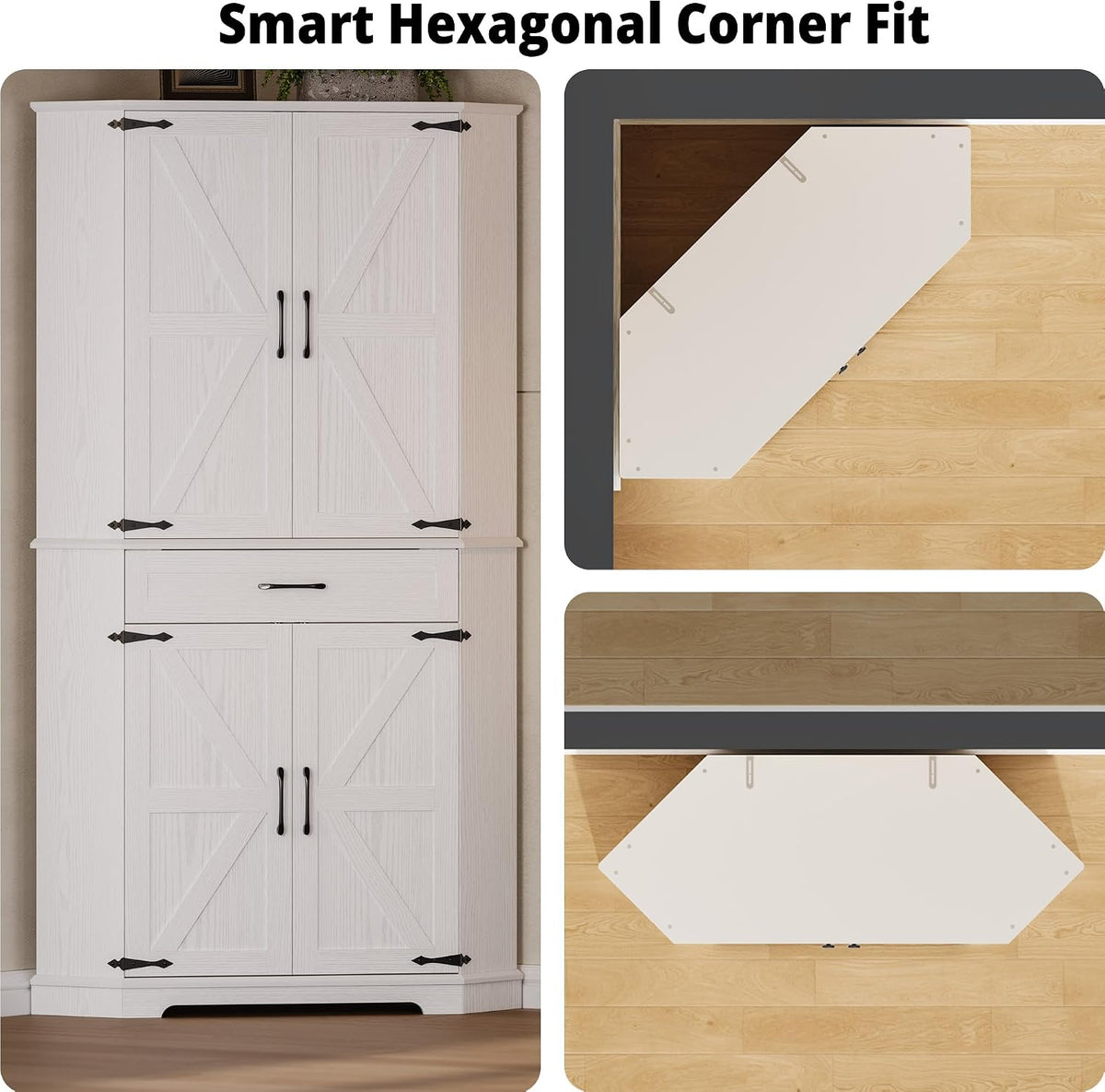 IRONCK 72" Corner Pantry Cabinet with Drawer and 4 Doors, White | Kitchen Pantry Storage Cabinet with 3 Adjustable Shelves, 2 Doors Storage, for Kitchen and Dining Room