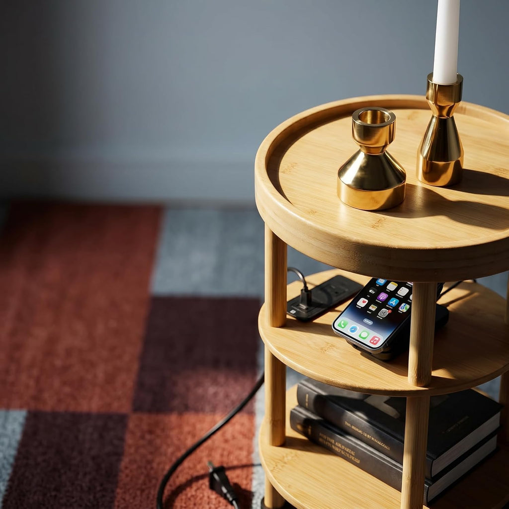 3-Tier Bamboo Round Side Table with Charging Station, Small Round Bamboo End Table with USB Ports & Power Outlets - Corner Table Sofa End Table for Living Room, Bedroom (with Outlet, Natural)