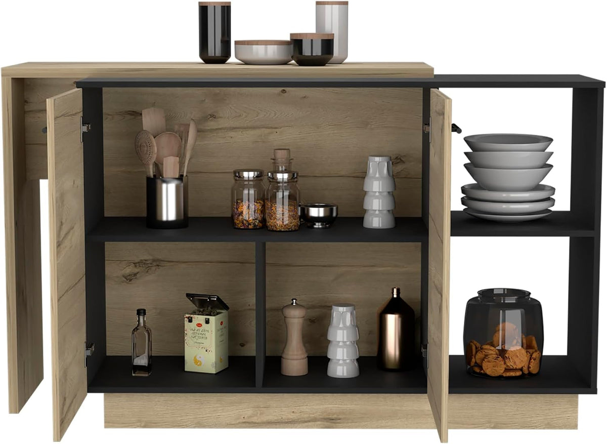 Kitchen Island Ohio - Modern Black and Light Oak Kitchen Island | Two open shelves and three interior shelves for storage and display