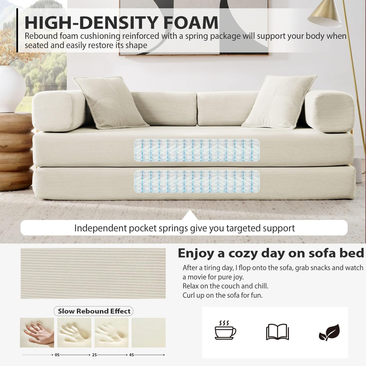 HANXIN 78 Inch Convertible Sleeper Sofa Bed, Folding Floor Mattress Couch with Fixed-Shape Frame, Futon Couch Lounge Loveseat with Pull Out Bed, No Assembly Required (Beige)