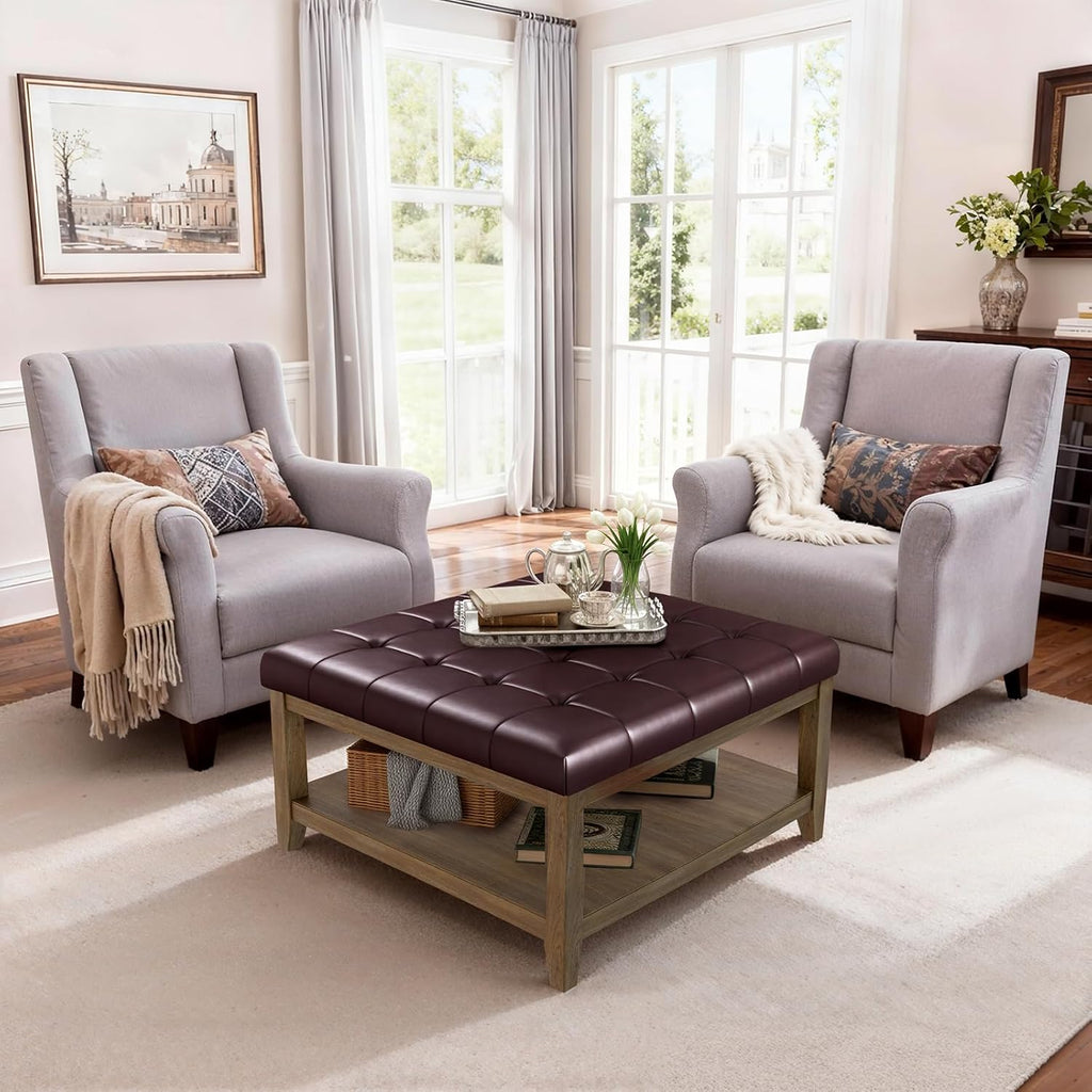 ABHENG 31.5" Large Square Storage Ottoman, Upholstery Solid Rubberwood Coffee Couch Table with Open Shelf, Foot Stool Load up to 330lb, Sythetic Leather Brown UASND67R