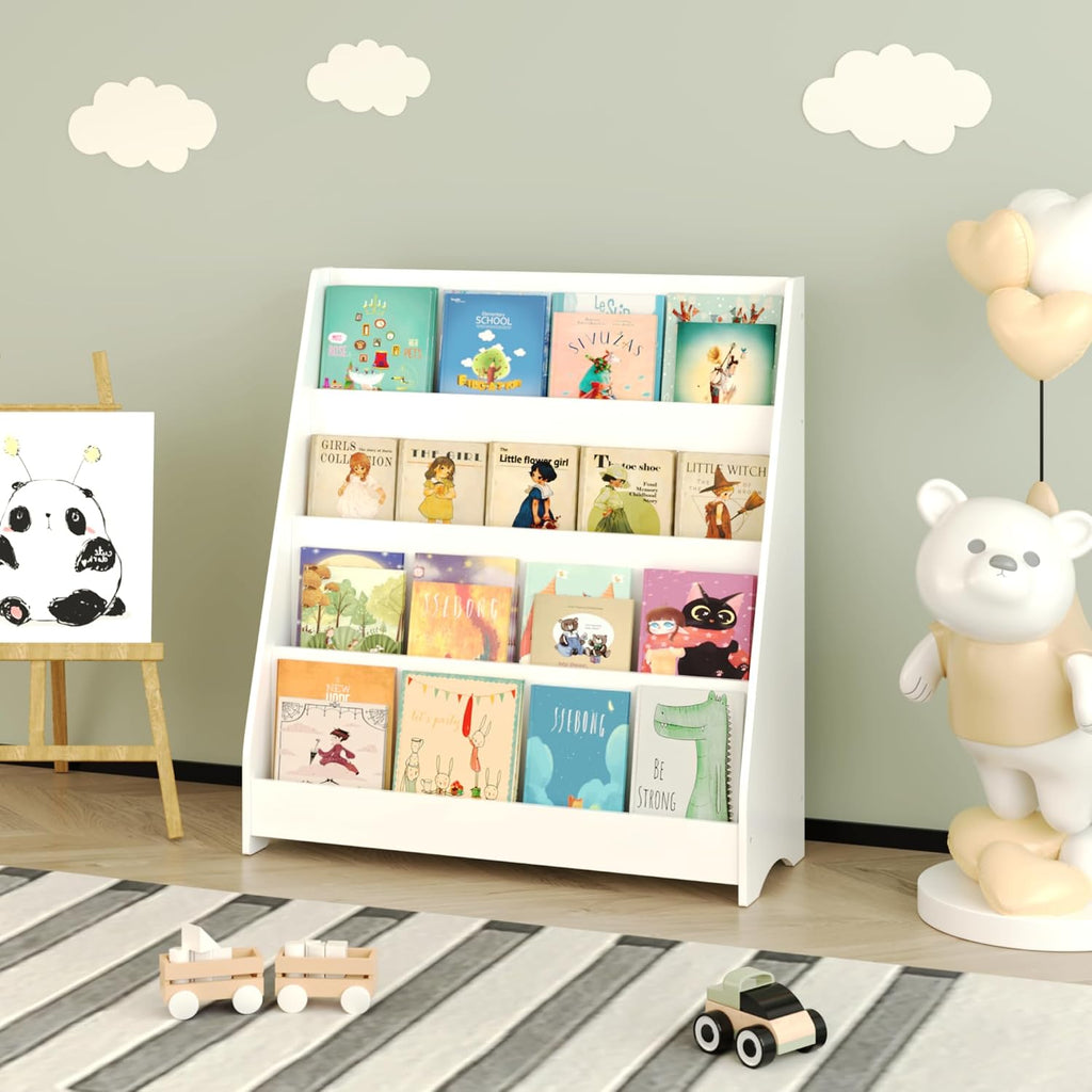 4-Tier Kids Bookshelf Toddler Book Display for Bedroom Playroom | Multi-tier open display shelf for books and toys. Durable engineered wood. Perfect for kids bedroom, playroom, or classr