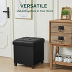 17.7" Ottoman with Storage, Square Storage Ottoman for Dorm, Faux Leather Ottomans with Legs for Living Room, Bedroom, Black