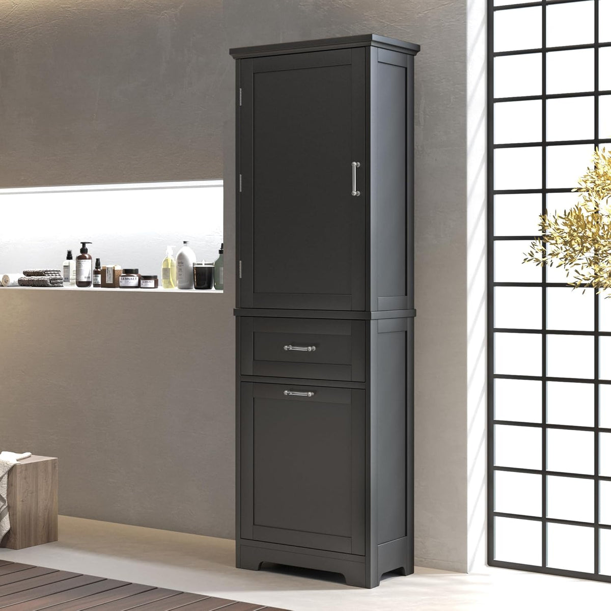 Merax 68.4" Pantry Cabinet with One Door & Two Drawers, Adjustable Shelves Storage Cupboard for Kitchen/Dining Room/Bathroom, Black
