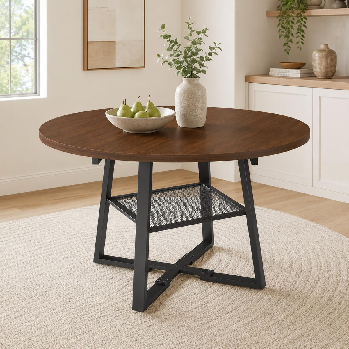 Round Extendable Dining Table, 47.2 to 59 Inch Kitchen Table for 4 to 6 People, Farmhouse Dining Room Table with Metal Mesh Storage Shelf, Walnut Wood Grain Top for Small Spaces Apartment