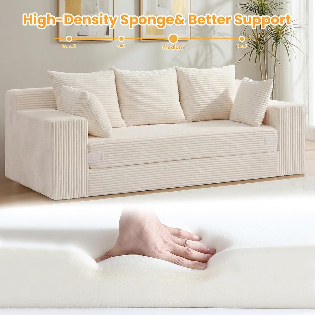Couch 70 inch, 3 Seater Couch with Pull Out Bed, Loveseat Oversize Beige Futon Couch Floor Bed with 5 Pillows for Living Room Bedroom Lounge Small Space