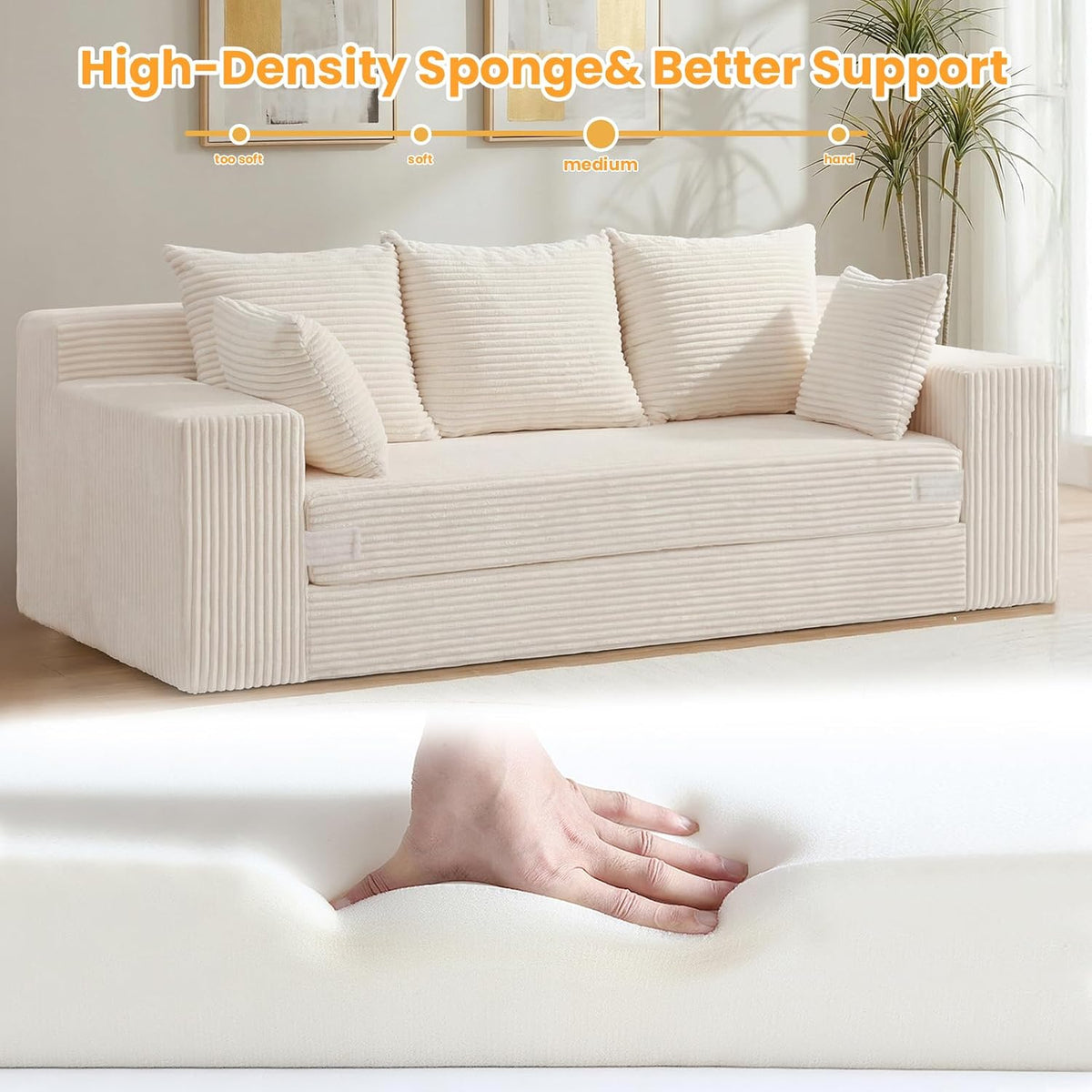 Couch 70 inch, 3 Seater Couch with Pull Out Bed, Loveseat Oversize Beige Futon Couch Floor Bed with 5 Pillows for Living Room Bedroom Lounge Small Space