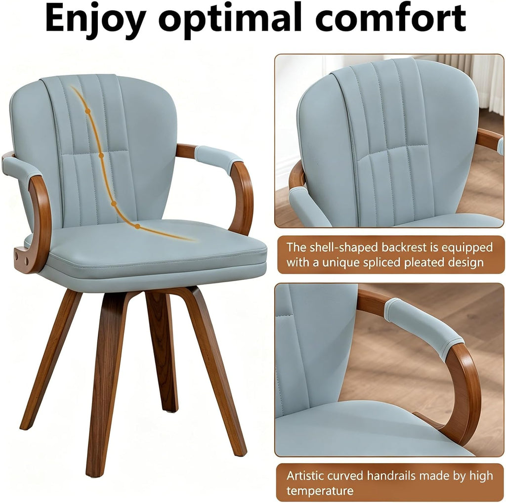 Swivel Dining Chairs with Arms | Mid Century Modern Blue Faux Leather Kitchen Chairs,Bentwood Side Chairs,Ergonomic Wood Accent Chair No Wheels 1PCS
