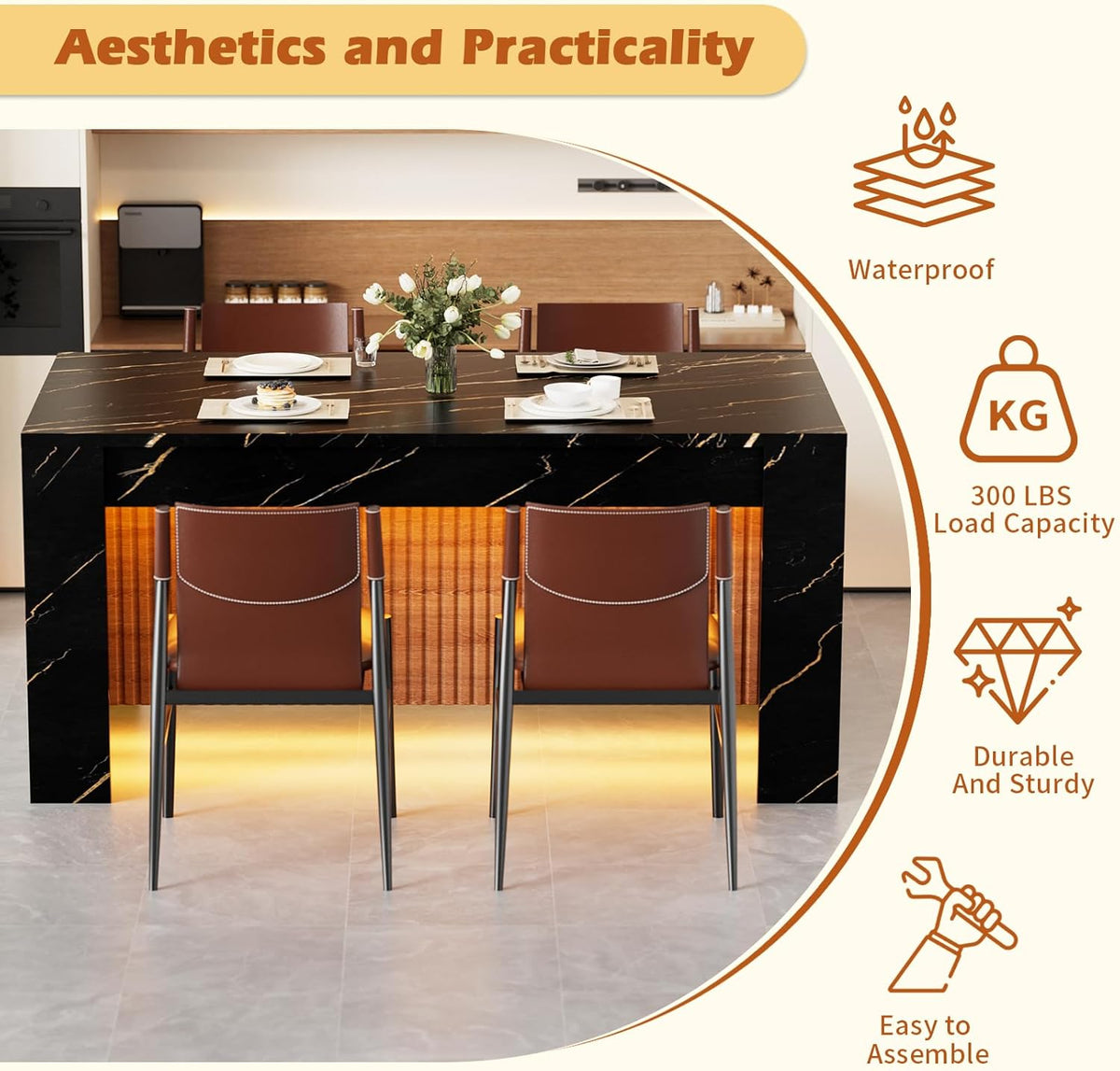 63" Modern Imitation Marble Stripes Kitchen Dining Table, Black Island Table with Grille Design and LED Lights for 4-6 People, Large Imitation Marble Dining Table for Home Kitchen Living Room.