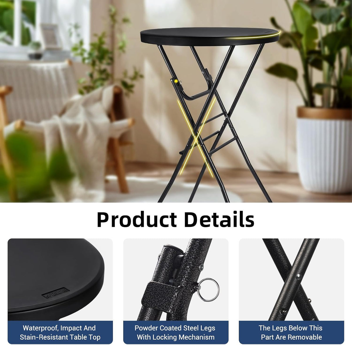 Byliable 28in Cocktail Folding Table, Round High Top Bar Height Black Table | Portable Foldable Design with Removable Legs, Two Folding Methods, HDPE Tabletop, Indoor Outdoor for Parties, Patio, Events