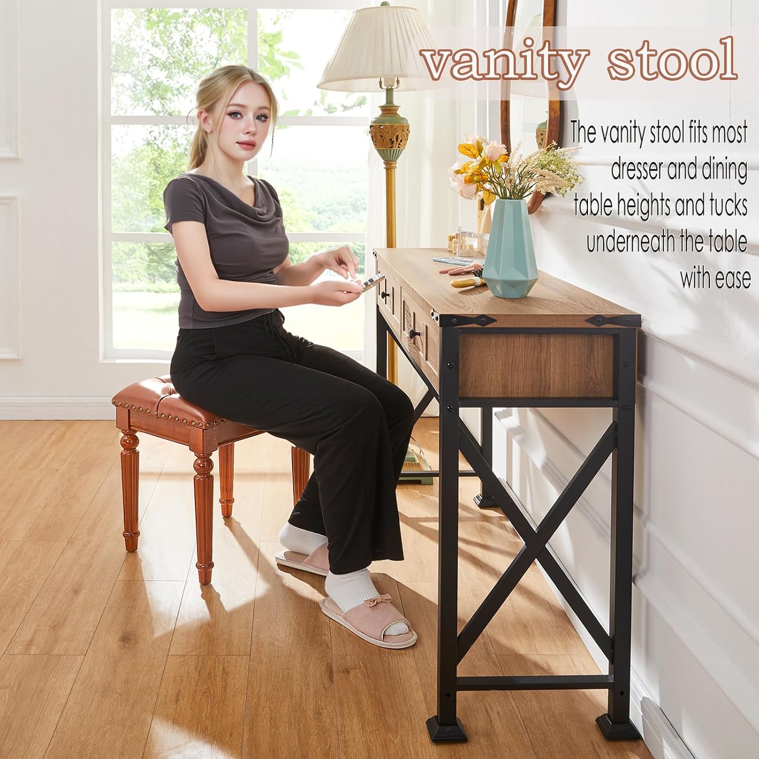 Microfiber Leather Vanity Stool for Makeup,Solid Wood Carvied Vanity Bench Seat,Convertible Piano Stool and Dining Table Chair with Padded Ottoman,Classic Dressing Table Chair for Bedroom