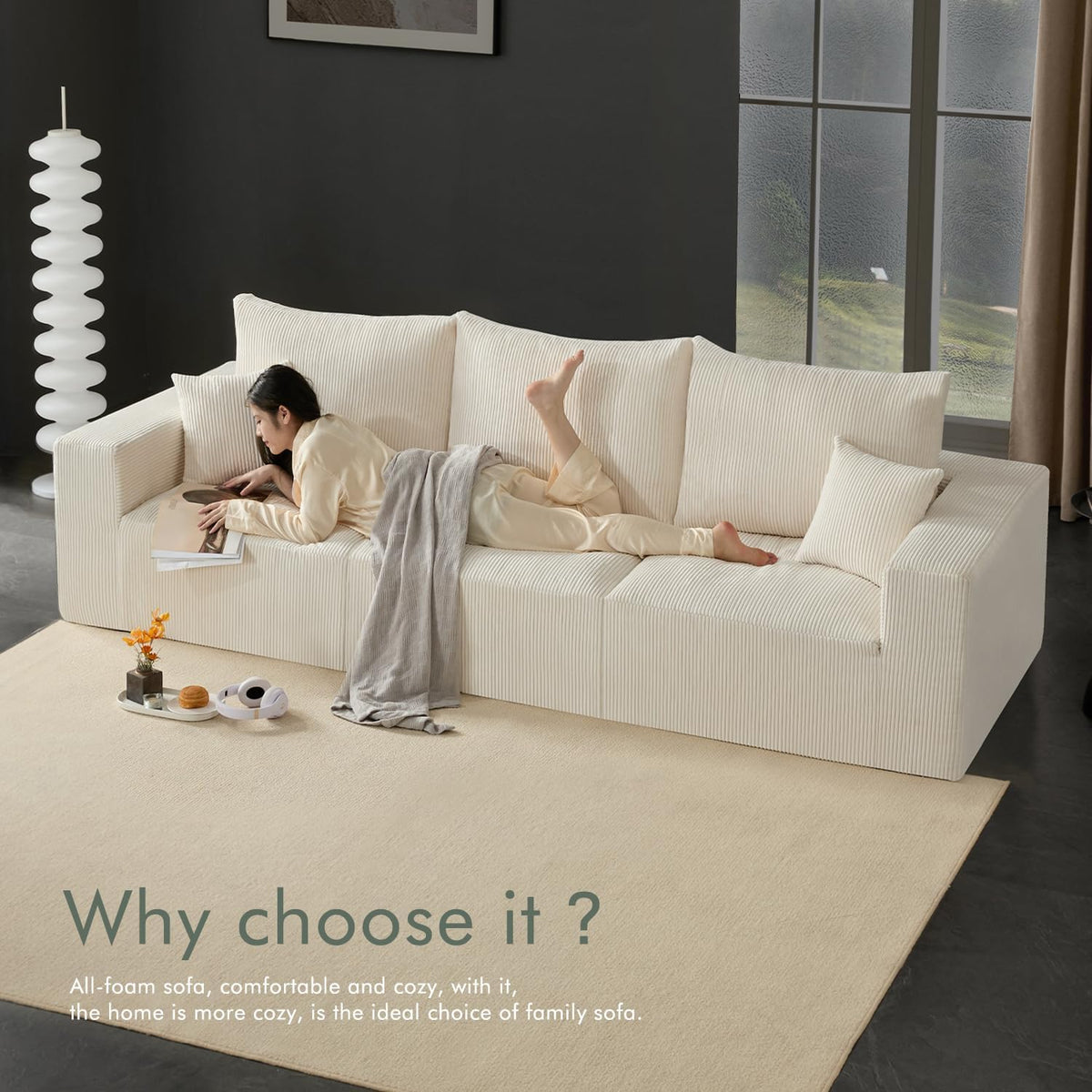 Gericco 113" Modular Sectional Couch, Cloud Sofa with Deep Seats, Upholstered Corduroy U-Shaped Sleeper Sofa with Chaise, 3-Seater Couches for Living Room, No Assembly Required, Beige