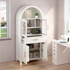 MERITLINE Farmhouse Style Arched Pantry Cabinet - 71" Tall Storage Cabinet with Glass Door, Adjustable Shelves & Barn Door Design for Kitchen, Dining or Living Room (White)