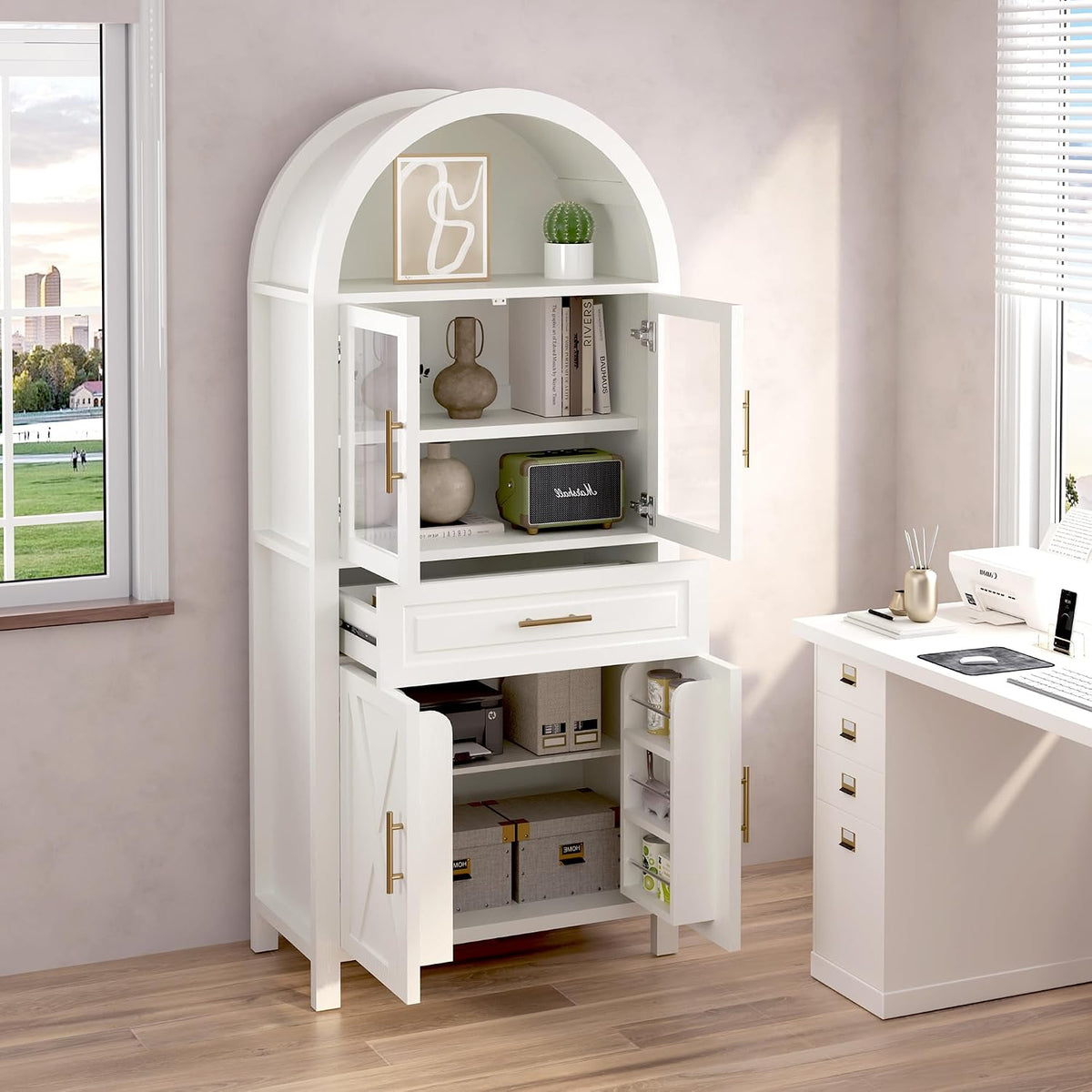 MERITLINE Farmhouse Style Arched Pantry Cabinet - 71" Tall Storage Cabinet with Glass Door, Adjustable Shelves & Barn Door Design for Kitchen, Dining or Living Room (White)