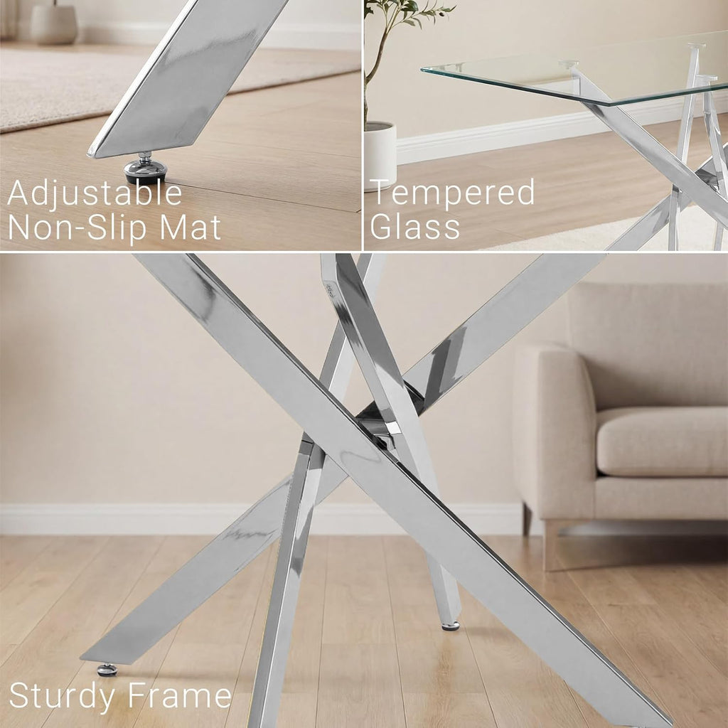 59 Inch Glass Dining Table for 6, Modern Square Kitchen Table with Silver Legs, Spacious Dining Room Furniture for Home, Living Room, Apartment