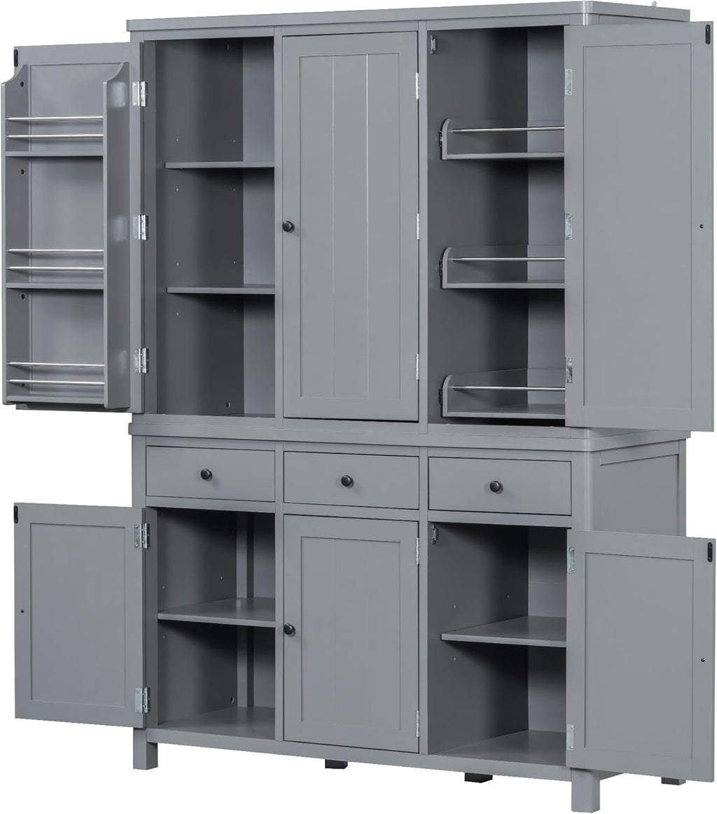 Merax 74.8'' Tall Kitchen Pantry Storage Cabinet with 6 Doors, 3 Drawers and Adjustable Shelves, Freestanding Large Cupboard & Pull-Out Trays for Kitchen, Dining Room, Living Room, Gray