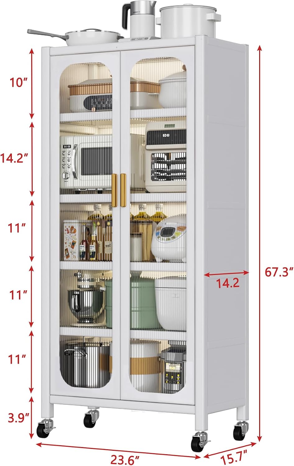 6 Tier 63" Kitchen Appliance Storage,Appliance Cabinet,Bakers Rack with Doors with Transparent Flap Door Design Kitchen Storage Shelves,Microwave Stand for Dining Room White