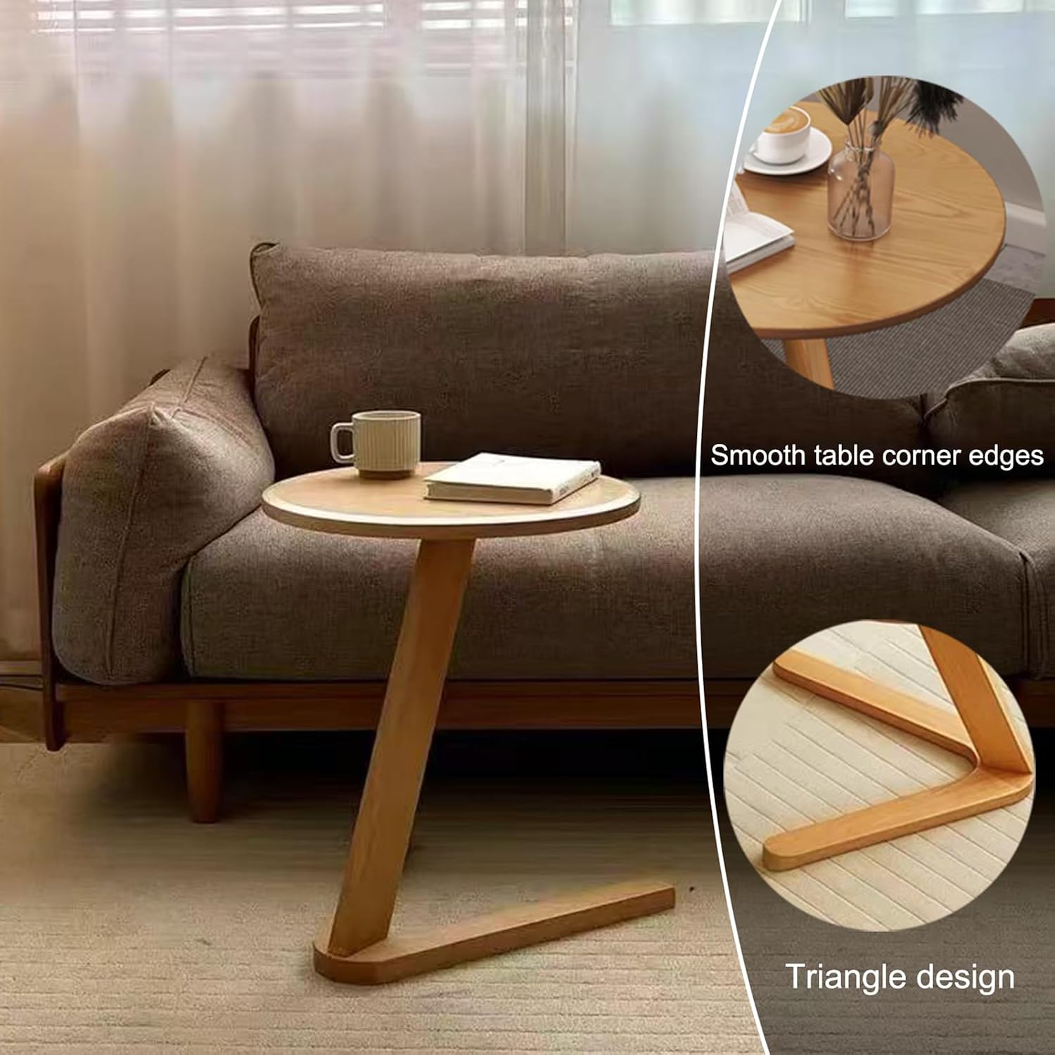 YUNMUARY-C-Shaped Side Table Round Side Tables for Couch Space-Saving Sofa Table Slide Under Couch for TV Dinner Laptop Side Over Solid Wood End Table for Living Room Modern Nightstand (Light Brown)