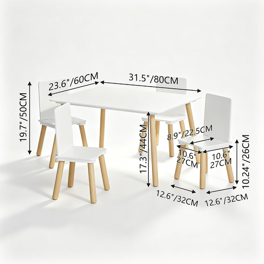 Table & 4 Chairs Set is for Boys Girls, 5-Piece Wooden Activity Table Set with Solid Wood Legs, Boys Girls Play Table & Chair Set for Drawing, Reading, Learning & Dining, White+Natural