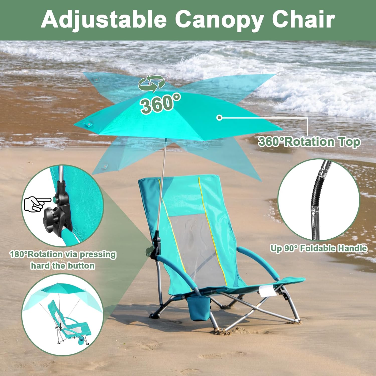 Romswi Beach Chair with Umbrella 2PK, Folding Low Beach Chairs for Adults with Adjustable Parasol, Cup Holder, Breathable Backrest, Comfortable Armrests, Lightweight for Beach & Camping, Green