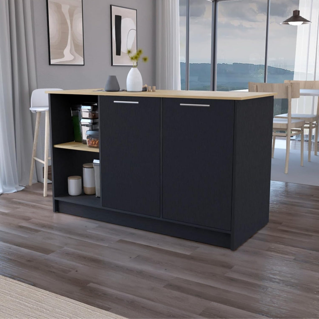 Hassyee Fashionable and Minimalist Style Fixed Kitchen Island, Equipped with Spacious Countertops, Two Open Storage Shelves, Double Door Design, Suitable for Kitchen Use (Black+Natural)