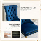 Velvet Dining Chairs Set of 6, Tufted Upholstered High Wingback Chairs with Nailhead Trim & Pull Ring, Golden Stainless Steel Legs for Dining Room, Sillas de Comedor, Blue
