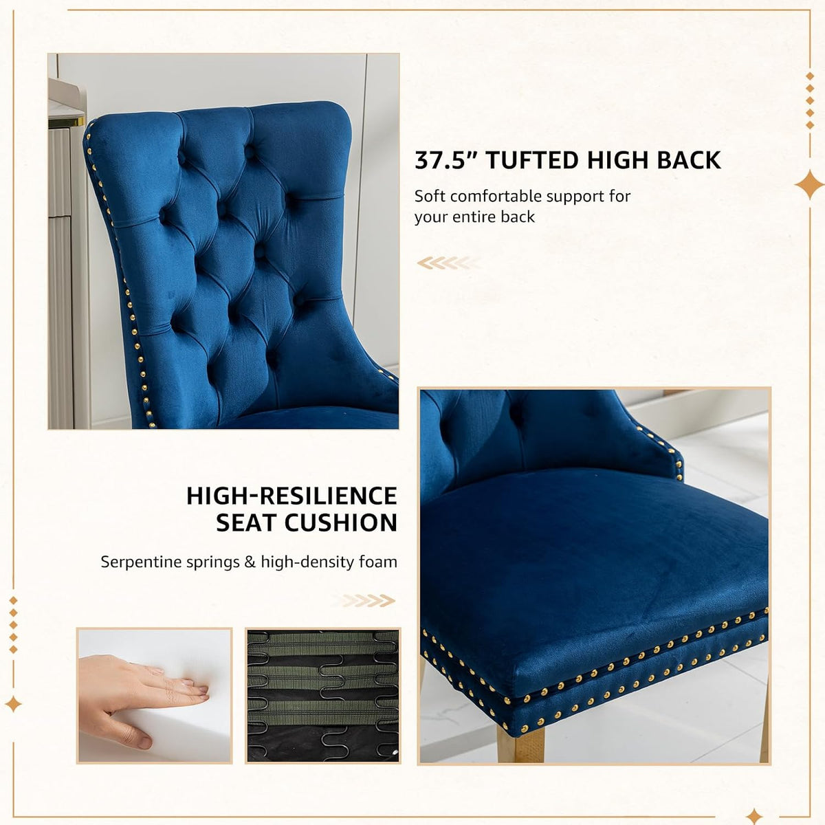 Velvet Dining Chairs Set of 6, Tufted Upholstered High Wingback Chairs with Nailhead Trim & Pull Ring, Golden Stainless Steel Legs for Dining Room, Sillas de Comedor, Blue