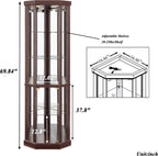 69" H Lighted Corner Curio Cabinet Display Case With Adjustable Shelves, Tempered Glass, Mirrored Back Panel for Living Room (Dark Cherry)