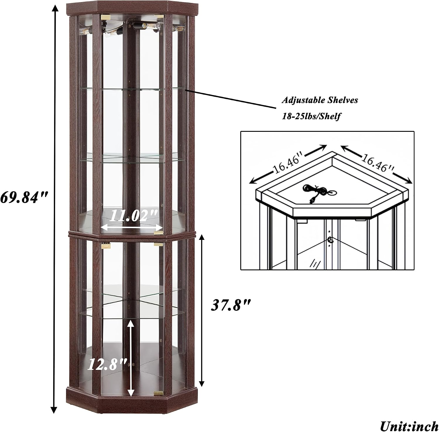 69" H Lighted Corner Curio Cabinet Display Case With Adjustable Shelves, Tempered Glass, Mirrored Back Panel for Living Room (Dark Cherry)