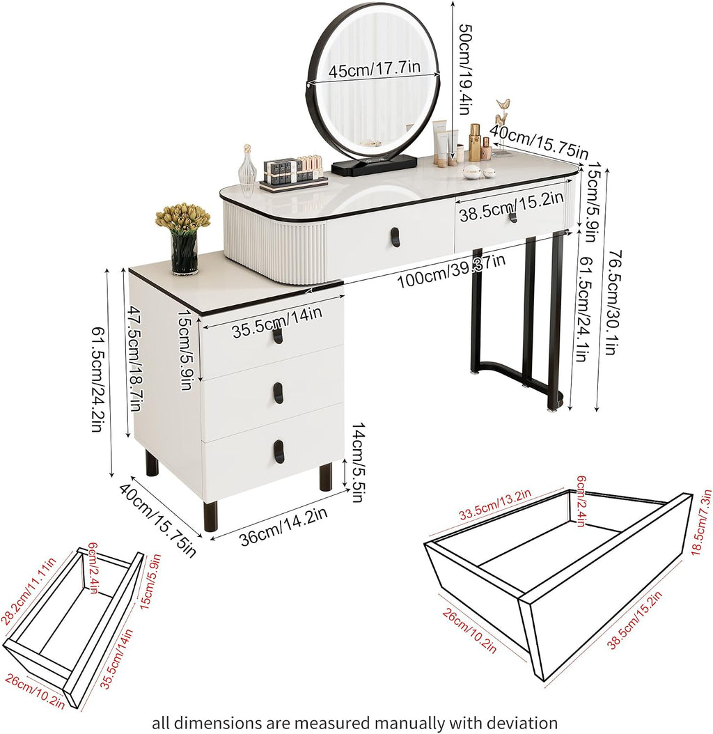KDCAS Small Makeup Vanity Desk with Mirror and LED Lights | Modern Fluted Vanity Table with Drawers and Reversible Adjustable Side Cabinet (39.37"–51.2") | Space-Saving White Vanity Desk for Bedroom