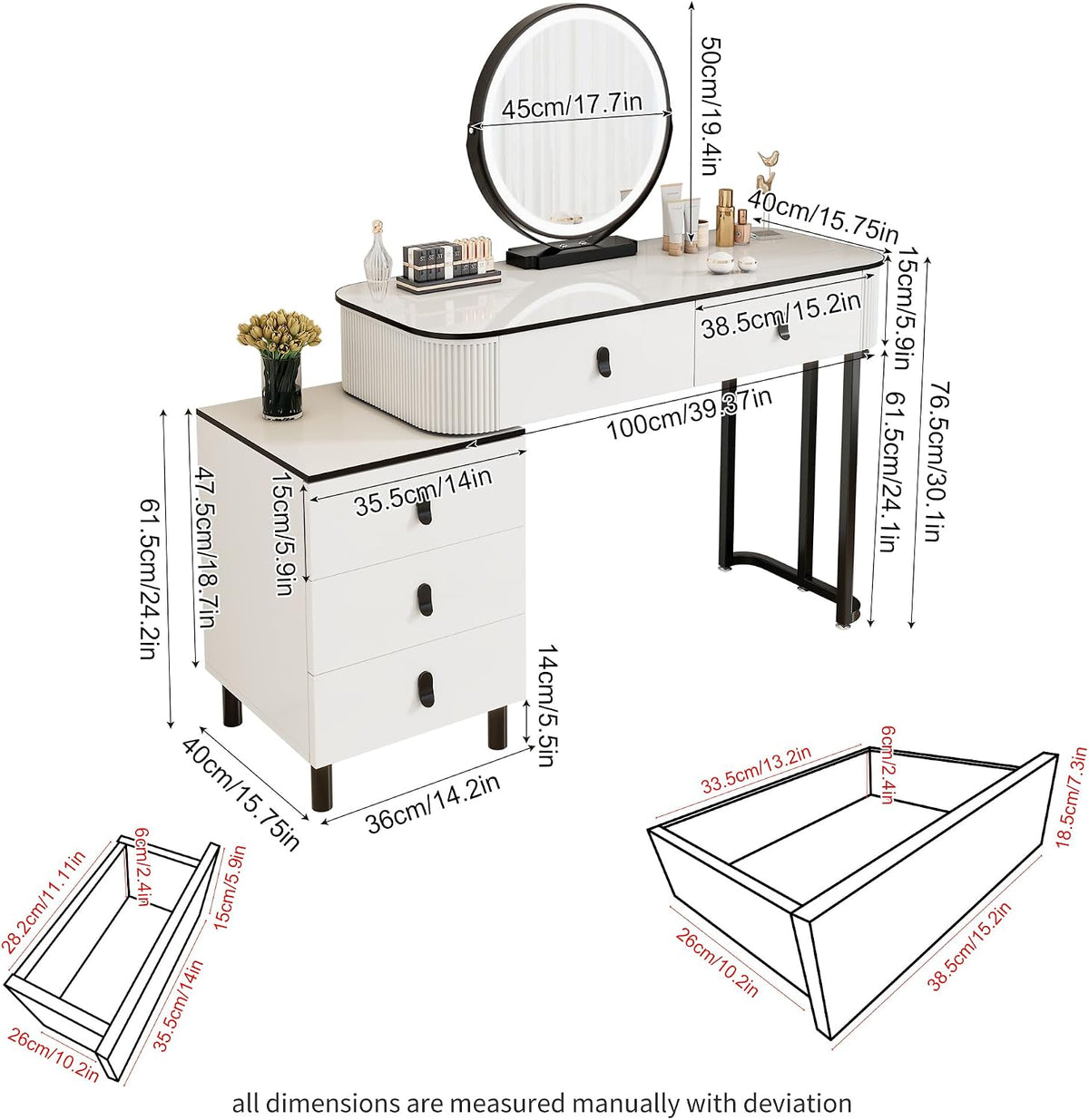 KDCAS Small Makeup Vanity Desk with Mirror and LED Lights | Modern Fluted Vanity Table with Drawers and Reversible Adjustable Side Cabinet (39.37"–51.2") | Space-Saving White Vanity Desk for Bedroom