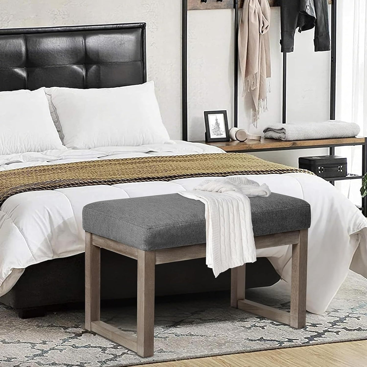 CangLong 27 Inch Wide Rectangle Ottoman Bench Grey Footstool, Linen Look Polyester Fabric for Living Room, Bedroom, Grey