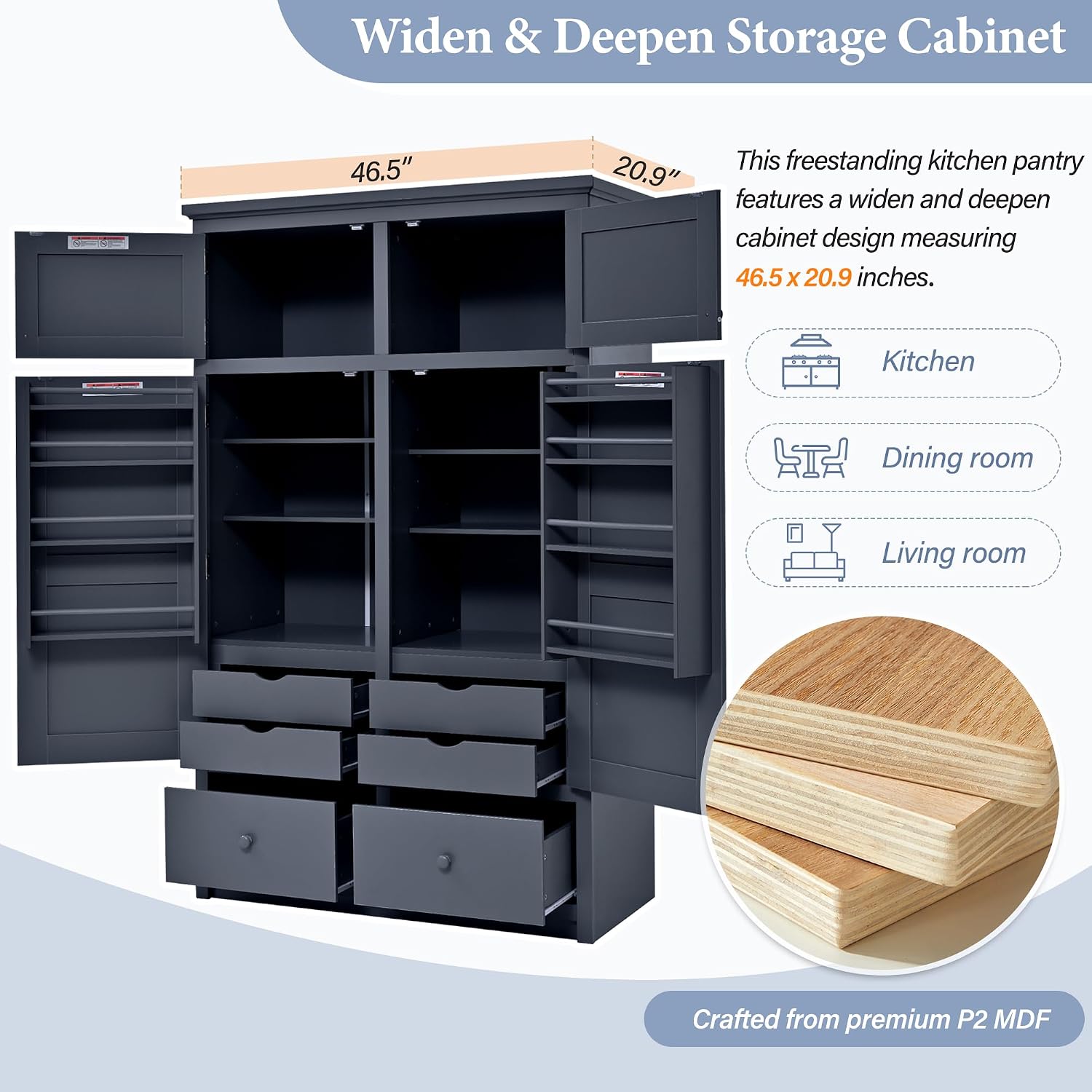 Freestanding Kitchen Pantry with Drawers, Shelves & Pull-out Trays,Gray | Freestanding tall unit with 8 door shelves, 4 pull-out trays, 6 drawers, gray finish, for dining room use