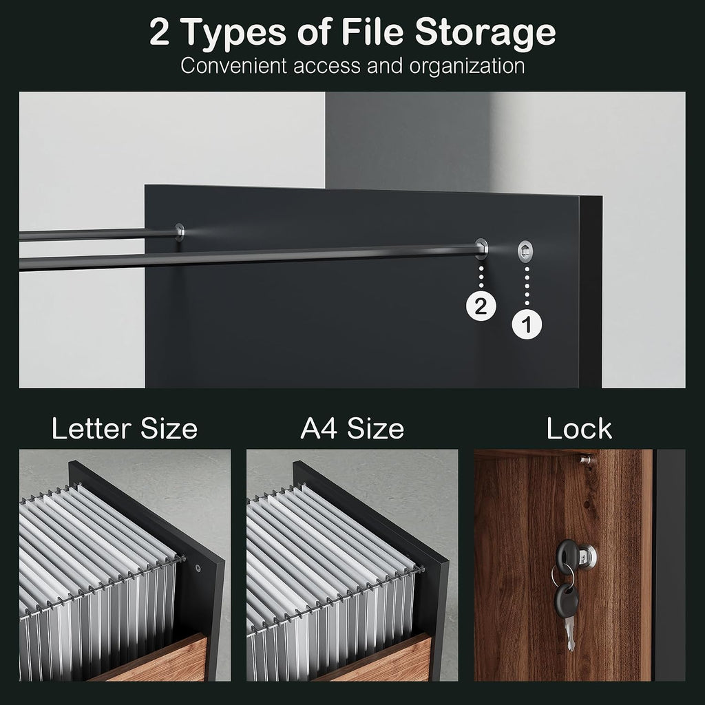 ModernMate 63" Lateral File Cabinet with Lock,2-Drawer Home Office Storage | File Cabinets for A4 / Letter Documents, Wide Credenza w/ Built-in Power Outlet, Fashion TV Stand Organizer, Black Walnut