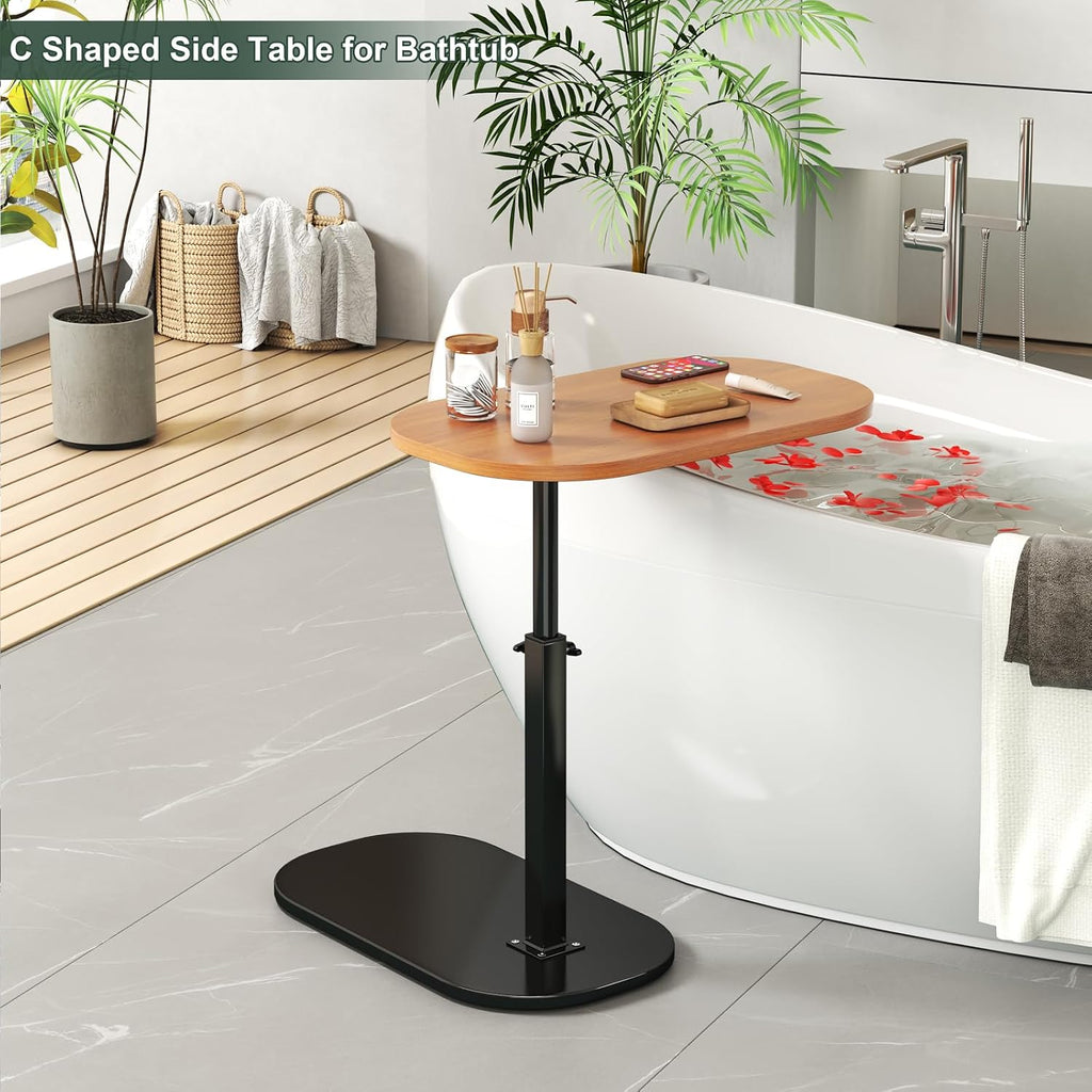 C Shaped Side Table, Adjustable Height C Shaped End Table, 360°Swivel Couch Side Tables that Slide Under, Modern Small Coffee C Table End Table for Sofa/Bed/Bathtub, Rotating Tabletop (Light Wood)