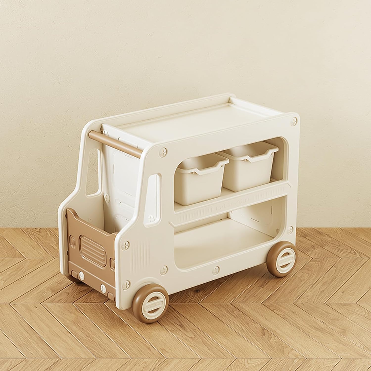 Kids Toy Storage Box and Bookshelf Rolling Bus for Living Room | Nursery/Playroom Organization,Bedroom Organizer,Baby Over 2 Years,Toy Chest, 2 Layers,Small Space, HDPE Plastic,Low Profile