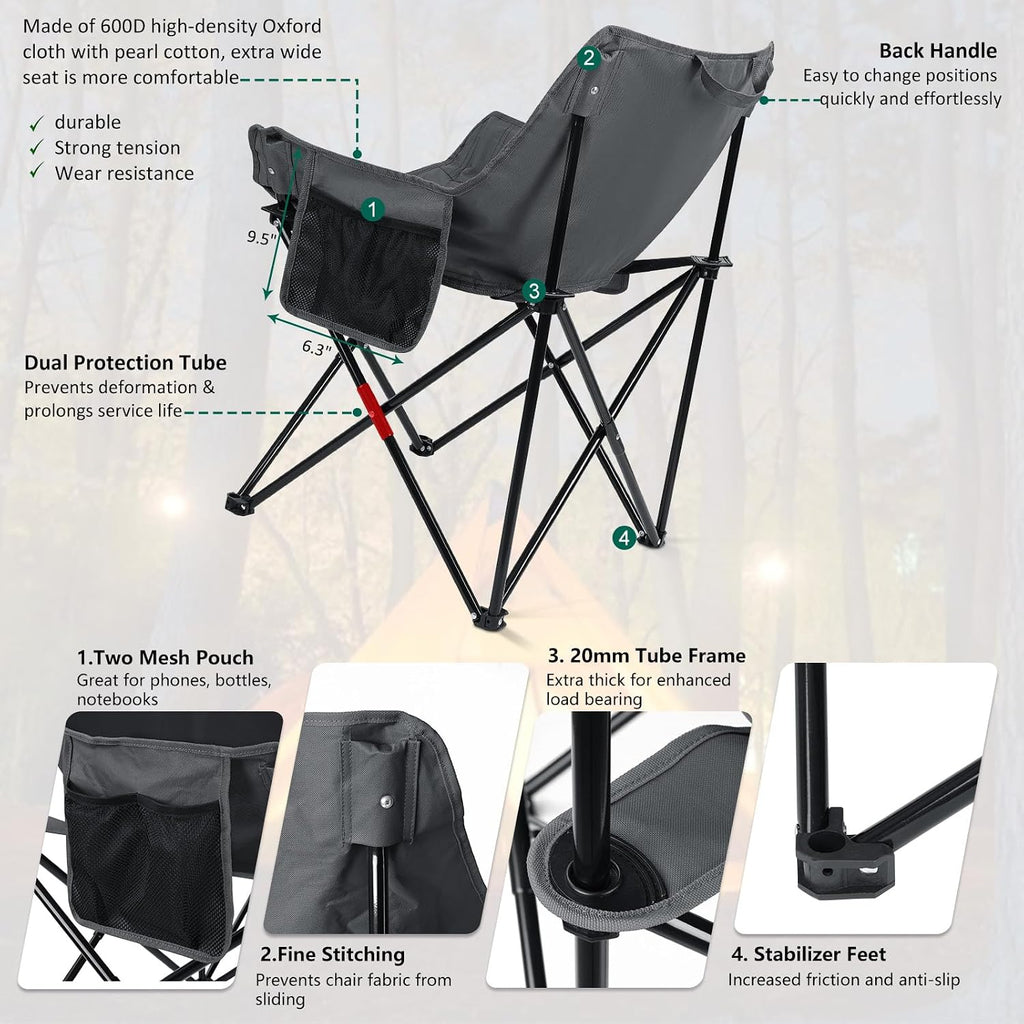 Leonyo Camping Chairs for Adults, 2 Pack Folding Lawn Chair & Table, Grey | Oversized & Portable Beach Chair for Outdoor Sports, Fishing, Rv Travel, Picnic