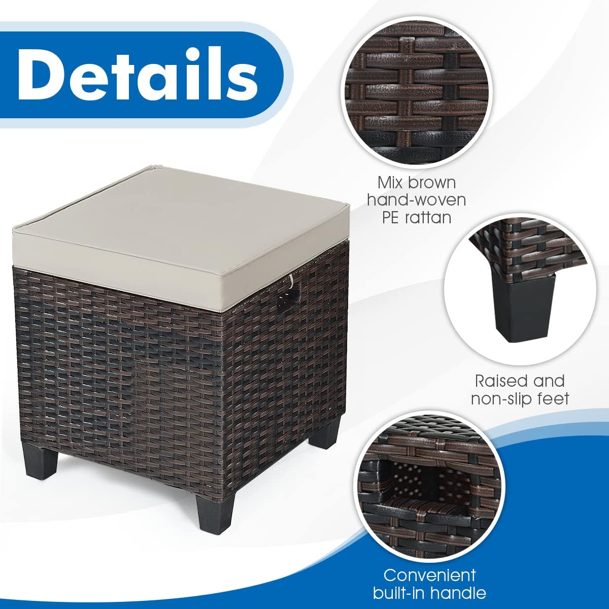 Patio Ottoman Outdoor Rattan Wicker Ottoman Seat, 2 Pieces All Weather Footstool Footrest Seat with Removable Cushions, Outdoor Ottoman Set for Patio, Porch, Poolside (Brown)