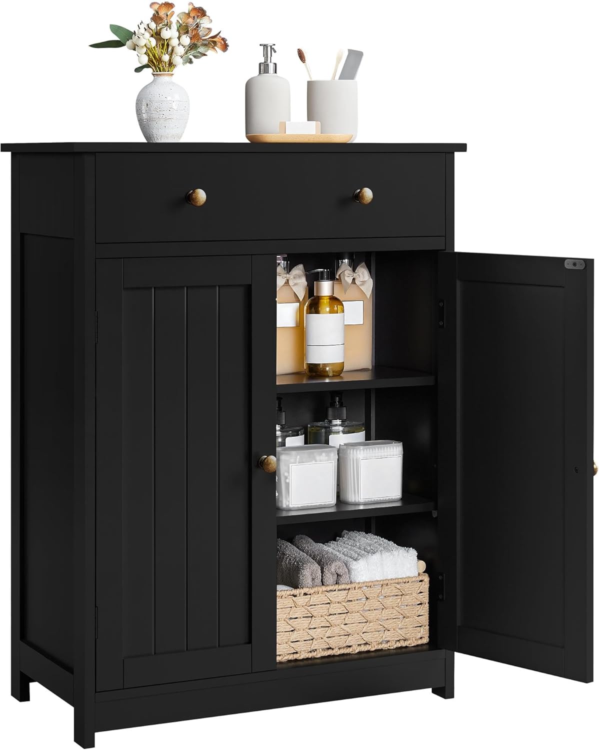 Yaheetech Bathroom Storage Cabinet with 1 Drawer and 2 Doors, Bathroom Floor Cabinet with Adjustable Shelf, Wooden Storage Units for Living Room, Entryway, Small Space, Black