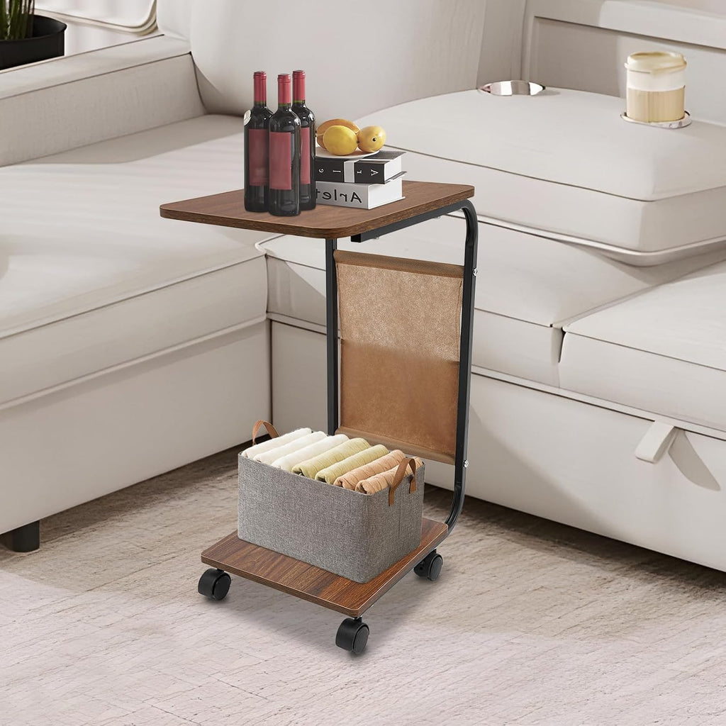 Rolling Side Table, C Shaped Side Table Wooden Couch Side Table with Wheels&Mobile Storage Basket Modern Couch Tables That Slide Under for Living Room Bedroom (Black Stand + Brown Desktop)