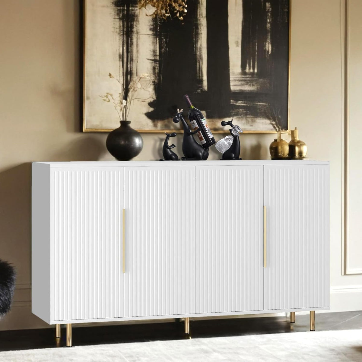 Sideboard Cabinet, 56" Large Buffet with Storage, Wood Credenza with 4 Fluted Doors and Adjustable Shelves, for Living Room, Kitchen, Entryway, White