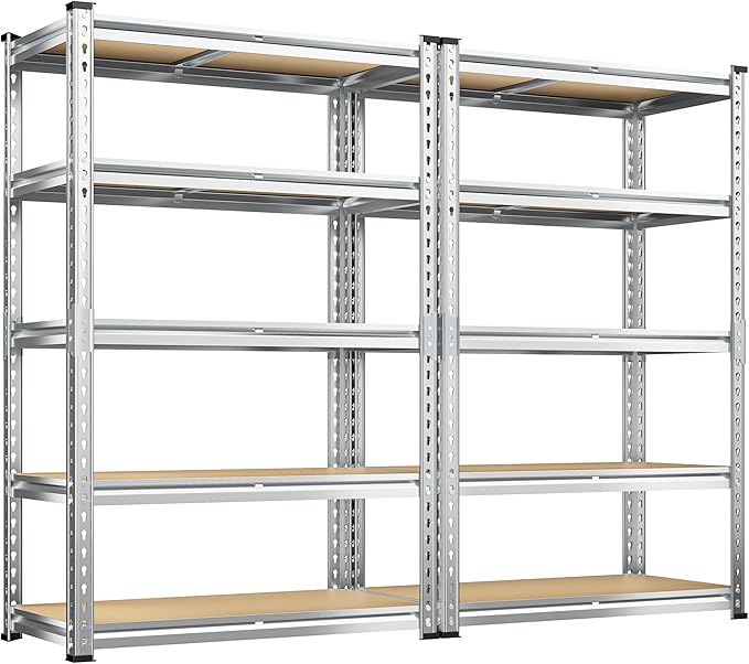REIBII Garage Shelving, 5 Tier Storage Shelves Load 2020LBS, Adjustable Garage Shelving Heavy Duty, Metal Shelves Unit with Waterproof Columns, 35.5" W x 11.9" D x 72" H, Galvanized, 2 Pack