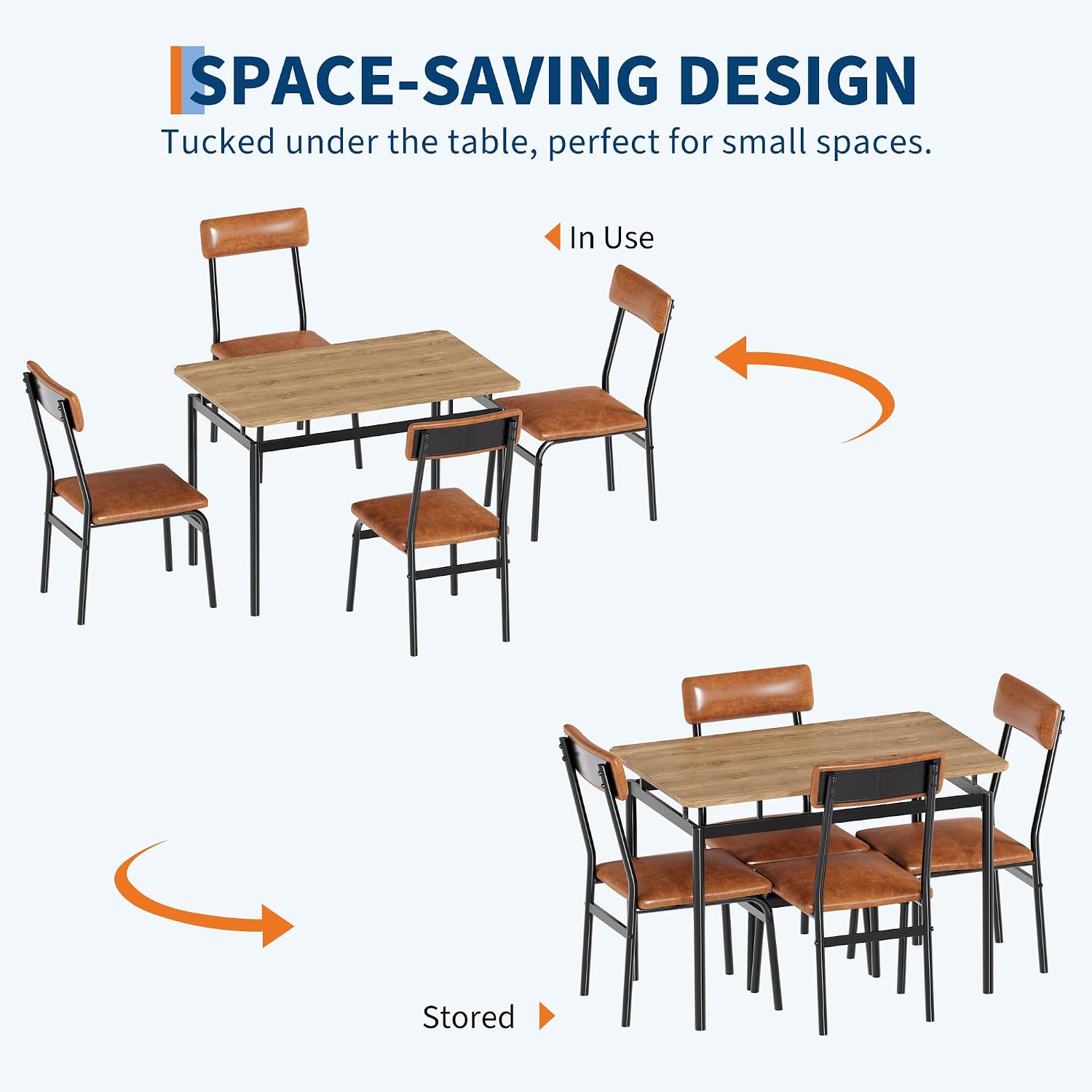 Garvee Dining Table Set for 4, 5 Piece Wooden Dining Table and Chairs, 4 PU Upholstered Chair, Modern Metal Frame Dinette Set for Dining Room, Home Dinner, Party, Apartment, Brown
