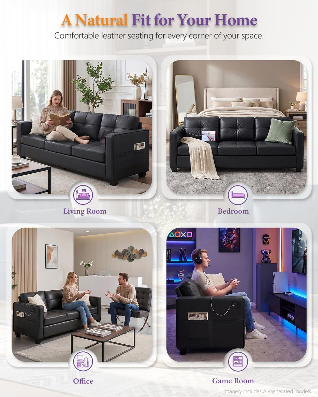TYBOATLE 88'' Black Faux Leather Couch with USB, 3-Seater | Faux Leather Sofa for Living Room, Mid-Century Modern, Tufted Design, Wider Arms, Side Pockets, Office, Apartment, Bedroom