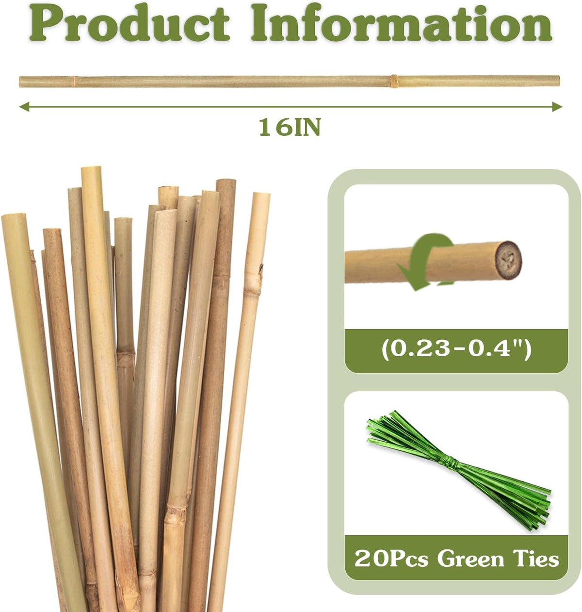 Plant Stakes 16inch, 20Pcs Natural Bamboo Sticks Garden Stakes, HAINANSTRY Plant Support Stakes for Indoor & Outdoor Plants, Orchid Tomato Vegetable Stakes for Garden