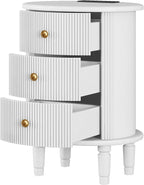 Mirightone Round End Table with Charging Station, Wood Side Table with Storage for Small Spaces, White Nightstand with 3 Drawers, Couch Side Cabinet Bedside Table for Living Room/Bedroom/Corner