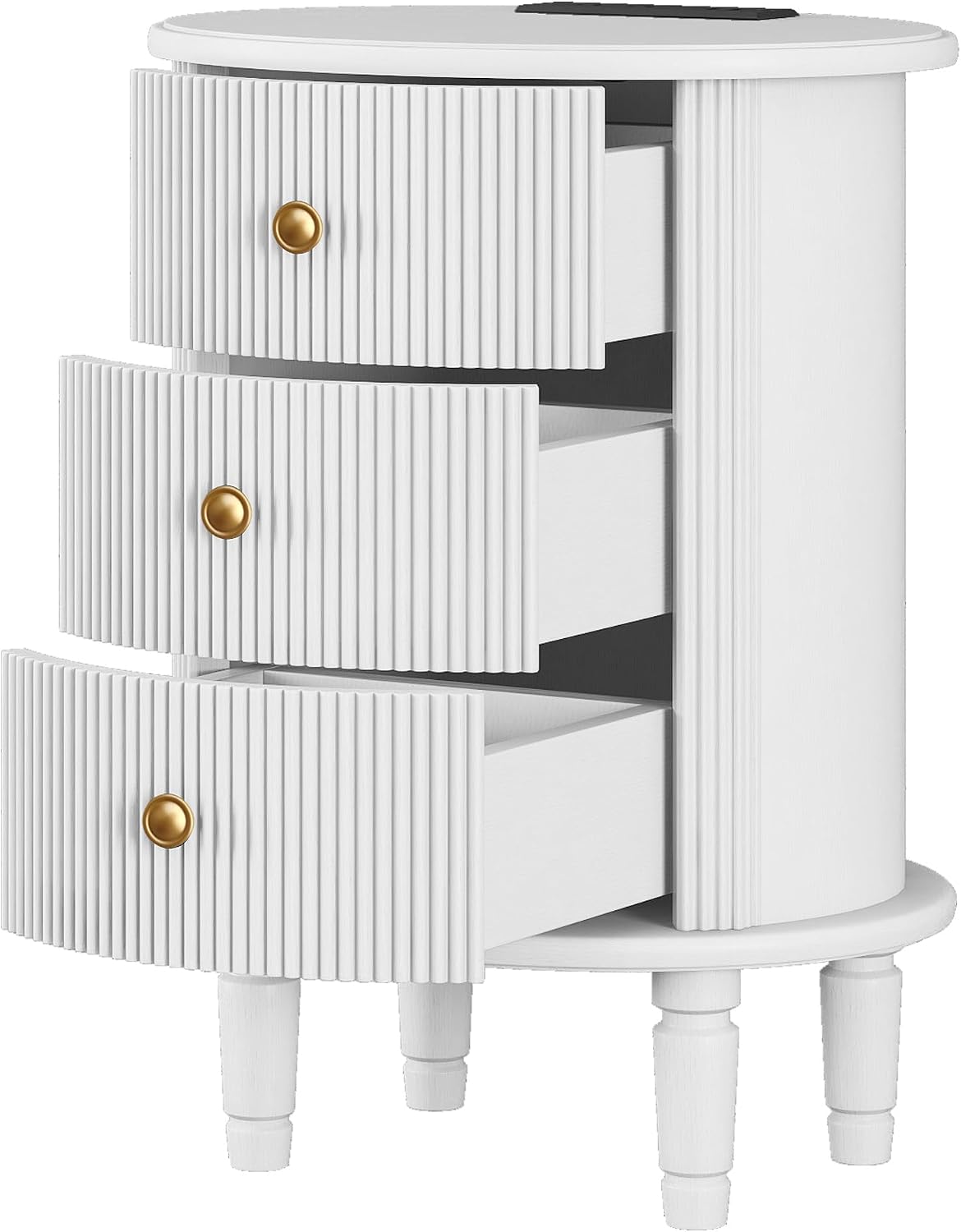 Mirightone Round End Table with Charging Station, Wood Side Table with Storage for Small Spaces, White Nightstand with 3 Drawers, Couch Side Cabinet Bedside Table for Living Room/Bedroom/Corner